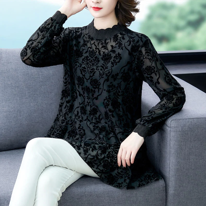 2021 Spring Summer Women Lace Blouses Shirts Female Casual Long Transparent Sleeve Stand Collar Tops Plus 5XL Feminine Blusas