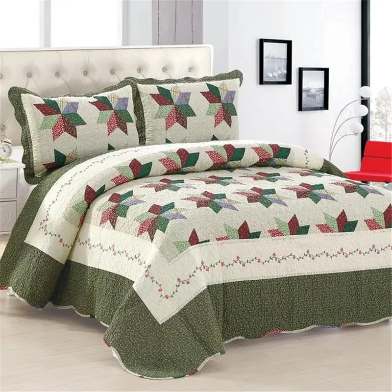 Plaid 100% Cotton Quilt Bedspread Set 3pcs Patchwork Pillowcases Quilted Linen Blanket Sheet Cubrecam Bed Cover Colcha Coverlet