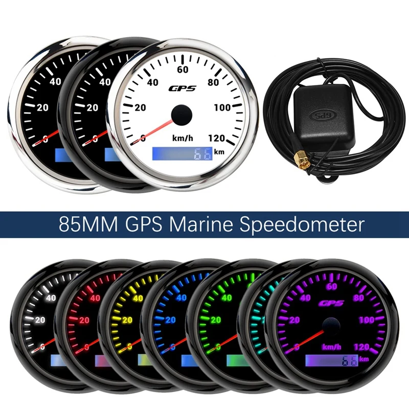 85MM GPS Marine Speedometer 0-120KM/H Speedometer 7-Color Backlight Digital Odometer for Yachts Boats