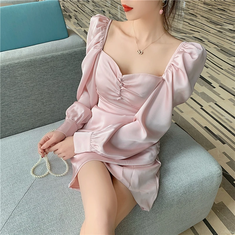 Высококачественное атласное платье с длинным рукавом платья в стиле ретро