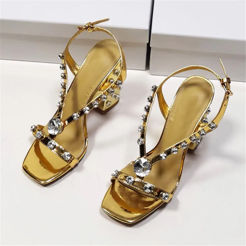 

Rhinestone Decor Women Summer Sandals Patent Leather 10CM Chunky High Heels Women Pumps Gladiator Sandals Dress Shoes Woman