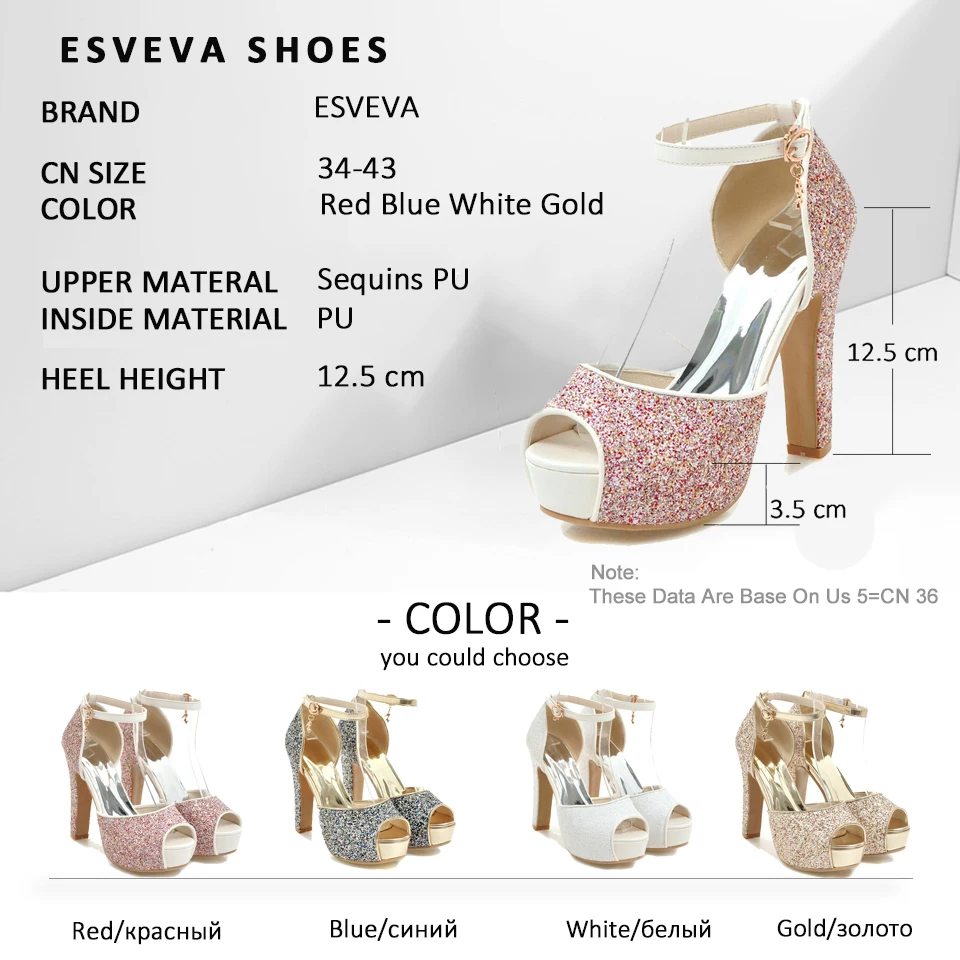 

ESVEVA 2018 Women Sandals Sequins PU Bling Square High Heels Summer Buckle Strap Peep Toe Platform Sandals Shoes Size 34-43