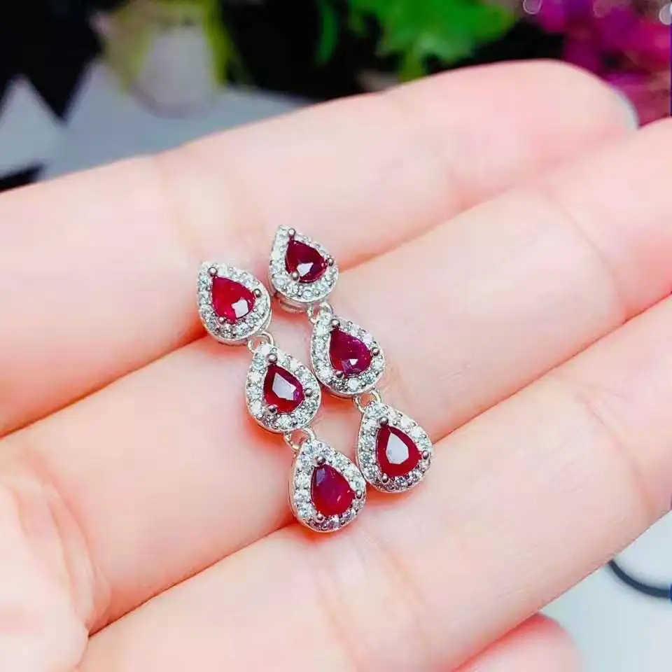 Женские серьги из серебра 925 пробы с натуральным красным Рубином|Серьги-подвески|