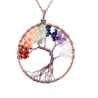 fyjs unique jewelry copper plated wire wrap wisdom tree of life pendant colorful rainbow stone necklace