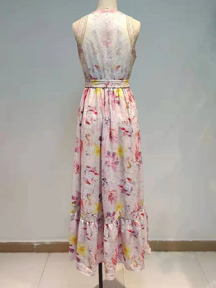 

Retro geometric print bandage waist sleeveless vest dress ladies summer new high waist loose big hem Puff skirt free shipping