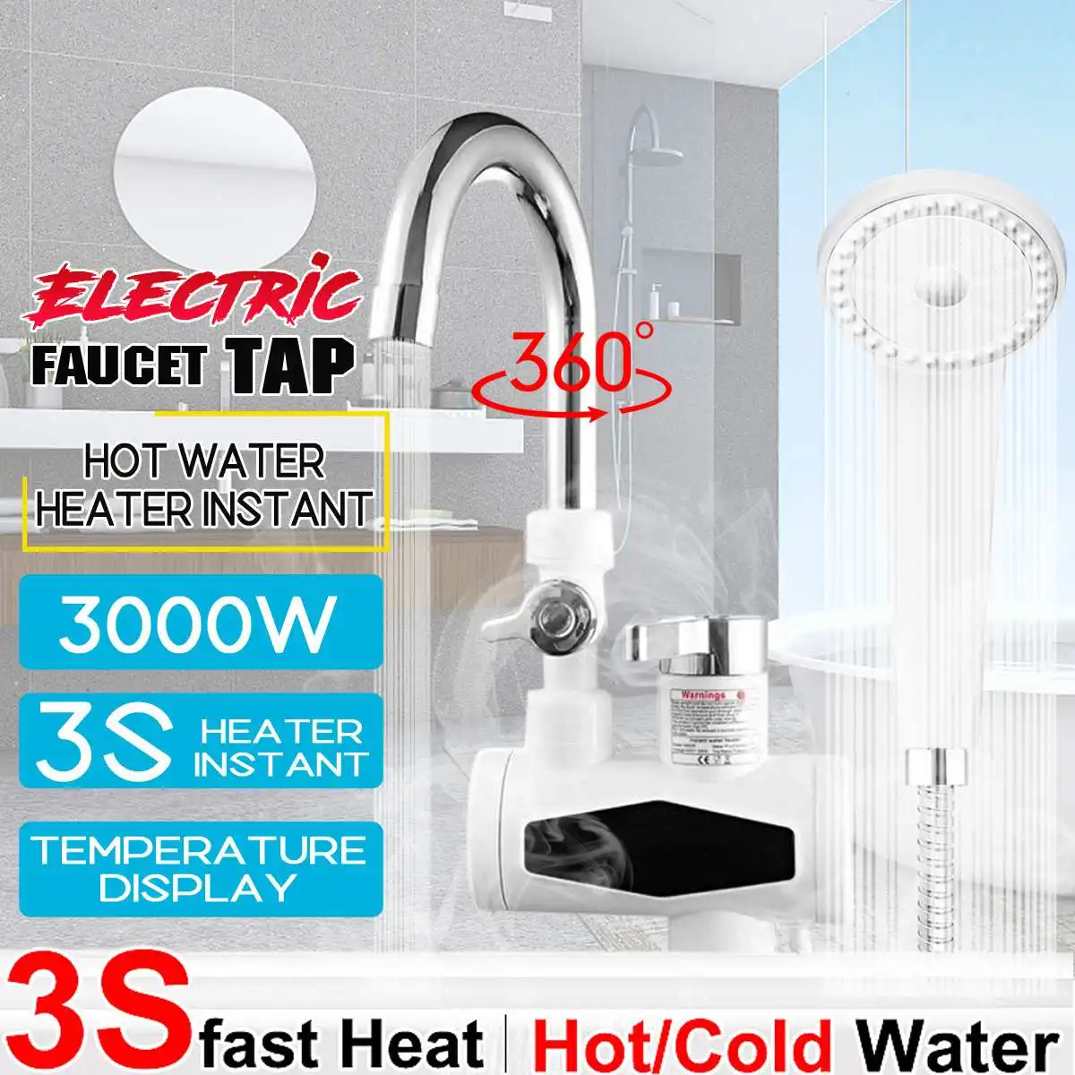 

3000W Temperature Display Instant Hot Water Tap 360Rotatable Electric Faucet Water Instant Hot Faucet Water Heater Showerhead