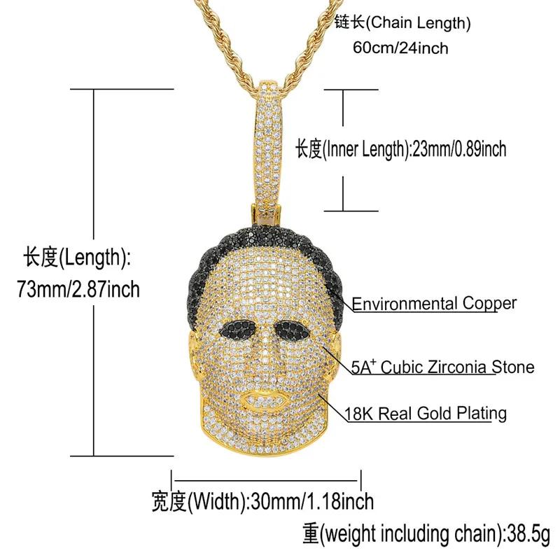 New Fashion Designer Hip Hop Iced Out Cubic Zircon Human Head Mask Pendants Necklace Rock Rapper Jewelry For Men | Украшения и