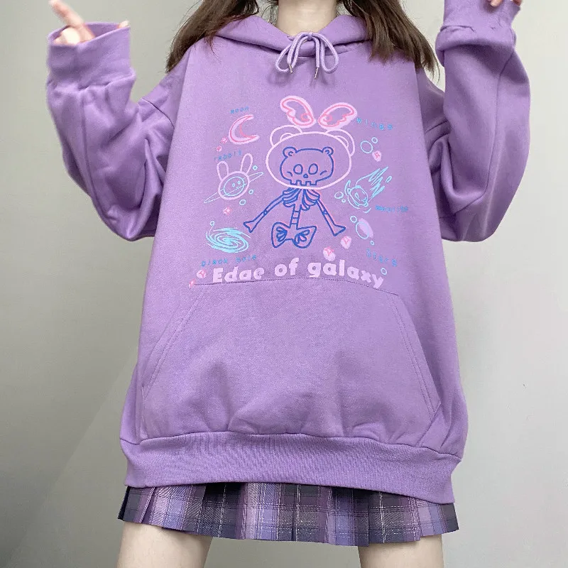 

Autumn Winter Japanese Plus Velvet Hooded Women Sweet Cartoon Planet Print Long Sleeve Hoodies Girl Pullover Student Tops