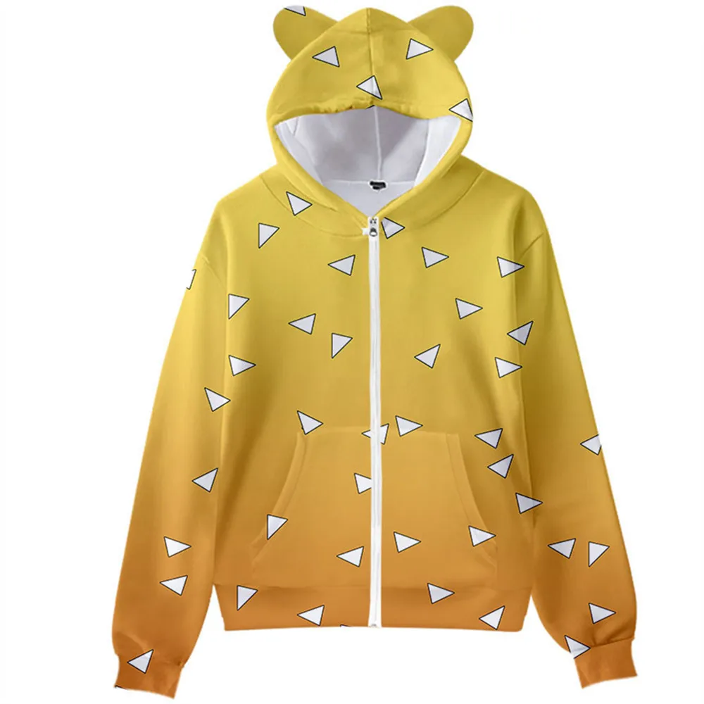 

Popular 3D Comic Demon Slayer Zip Hoodies Anime Kids Cat Ears Hooded Boys Girls Kimetsu No Yaiba Yellow and Black plaid Pullover