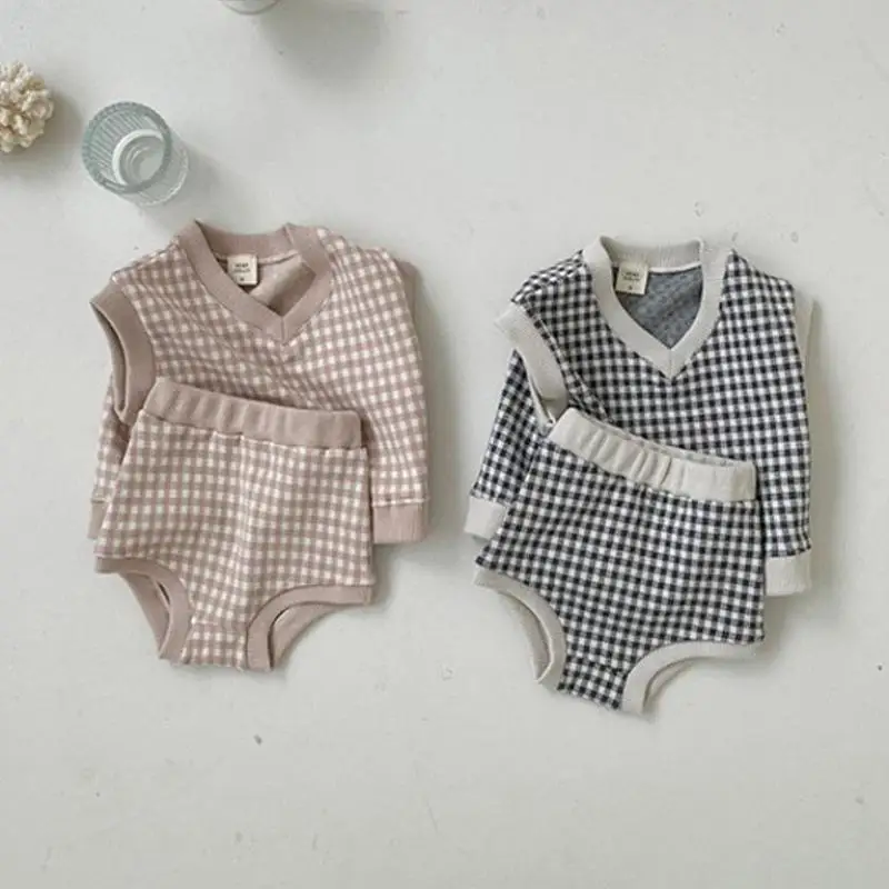 Conjunto de ropa para beb&eacute;, chaleco bonito a cuadros + Pantalones de Pp, 2 uds., traje infantil, conjunto sin mangas, trajes de Ni&ntilde;os Peque&ntilde;os 2021-0