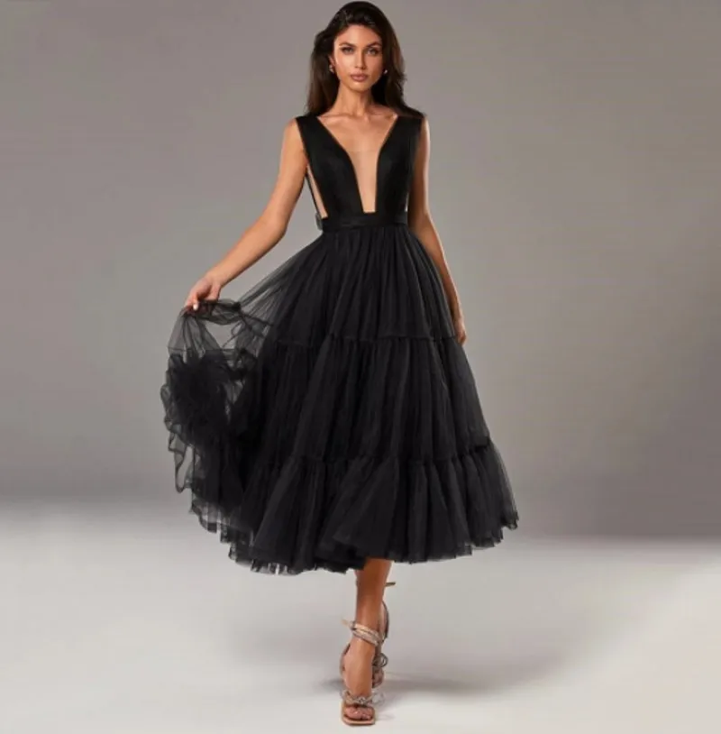 

Black Sexy V-Neck Tea Length Evening Dresses Pleats Tulle Backless Prom Party Gown Princess Graduation Wear Robe De Soiree