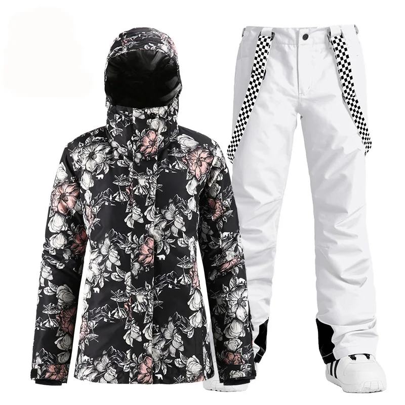 Модные чёрные цветы с защитой от снега костюм Одежда для катания на сноуборде