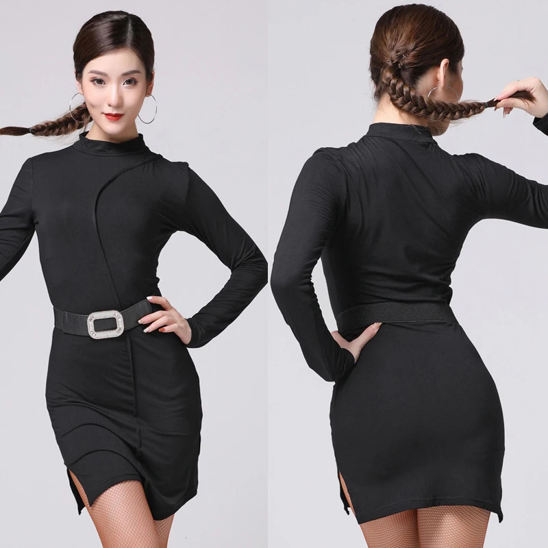 

Women Latin Dance Dress Black Long Sleeve Latin Dance Competition Dresses Performance Cha Cha Rumba Rumba Salsa Dress SL2034