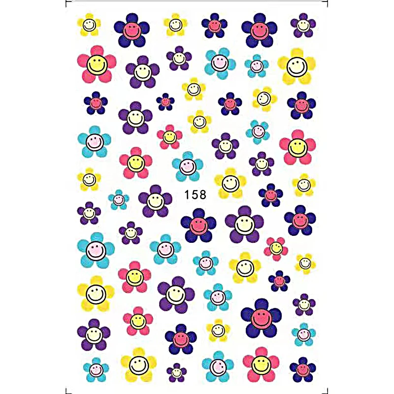 

10PCS Rainbow Sun Flower Nail Art Sticker 3D Cartoon Smiling Face Nail Art Repair Decorative Decal Black Color Line Nail Slider