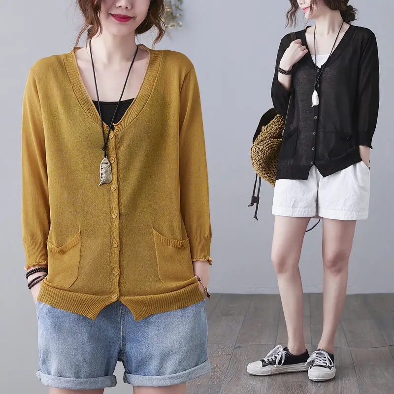 

Вязаный кардиган из вискозы и льна, женская летняя тонкая рубашка, одежда для защиты от солнца, свободное короткое пальто большого размера, ...