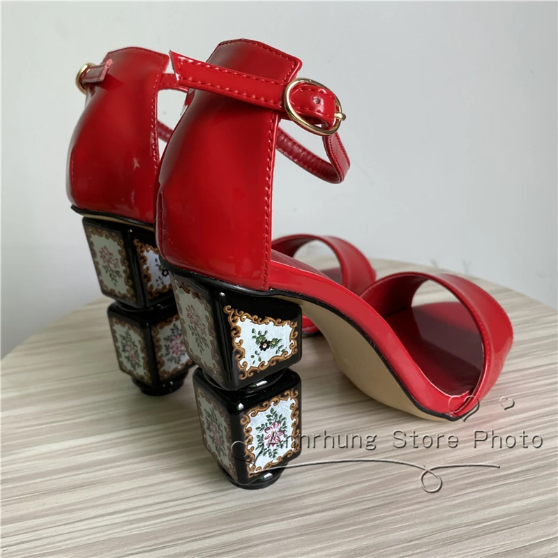 

Printed Flower Square Heel Wedding Shoes Woman One-strap Cover Heels Sexy Red Patent Leather High Heel Sandals Women