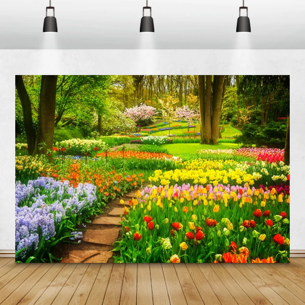 

Laeacco Spring Blossom Flower Floret Garden Way Outdoor Scenic Photo Backgrounds Photography Backdrops Photocall Photo Studio