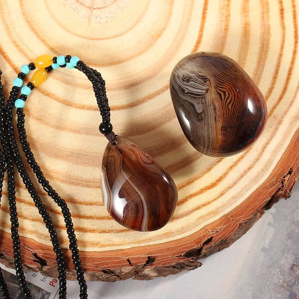 

Natural Sardonyx Banded Agate Palm Stone and Pendant Necklace Combo Healing Crystals for Chakra Meditation Polished Stones Set