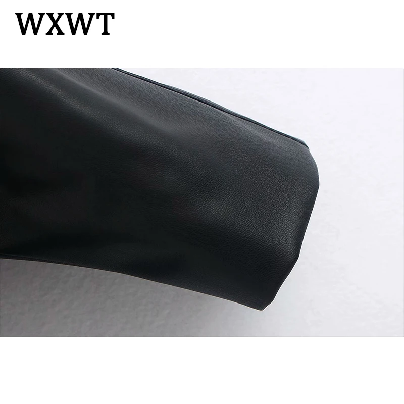 

WXWT New Women Black Faux Leather Short Blazer Coat Sashes Slim Fashion Notched Collar Female All-match Chic Tops BB3132