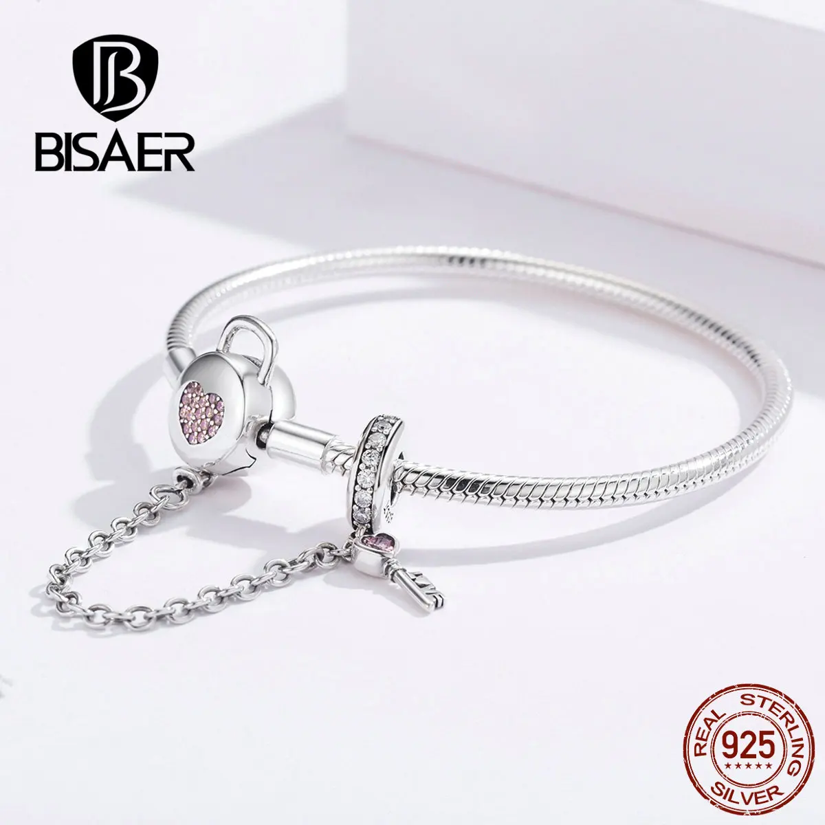 BISAER модный браслет-цепочка с розовым сердцем, 925 пробы, серебро, подходят к оригинальному пану, подвески, ювелирные изделия HSB143