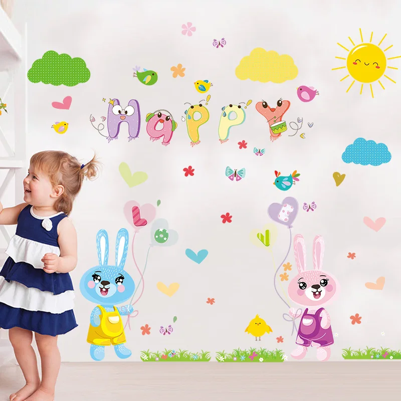 

Cute Cartoon Wall Stickers Love Rabbit Children's Room Kindergarten Background Wall Decoration Wall Posters PVC Wallpaper