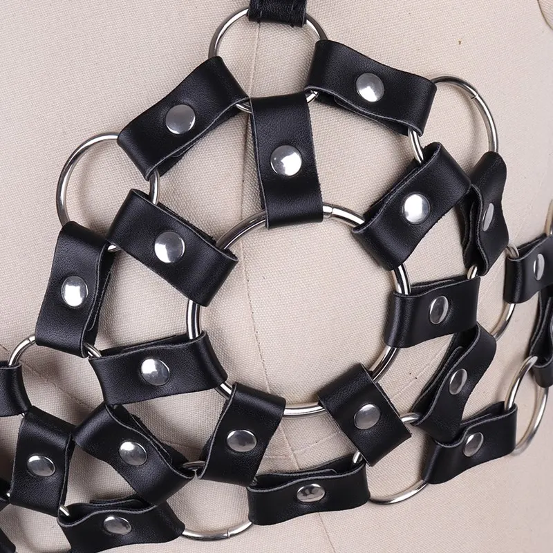 

PU Leather Harness Bra Body Bondage O-ring Chest Harness Hollow Out Sexy Lingerie Set Adjust Garter Belts Suspenders Gothic Rave