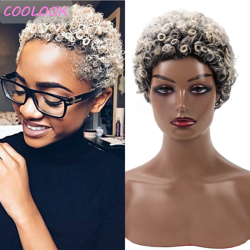 Short Curly Pixie Cut Wig Afro Kinky Curly Wigs for Black Women Heat Resistant Synthetic Ombre Gray Deep Curl Wig Peruca Cosplay