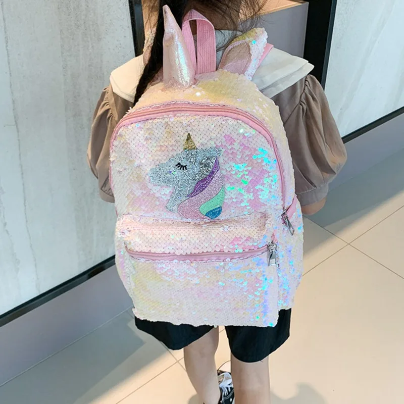 

School Bookbag Large Capacity Book Food Storage Double Shoulder Backpack Travel Bag Unicorn Sequin Backpack Cartoon School Bag