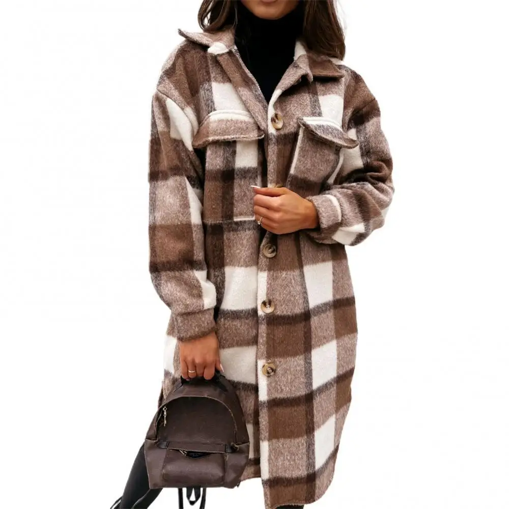 

Women Autumn Plaid Long Sleeve Turn Down Collar Coat Buttons Mid-length Jacket Women's autumn jacket