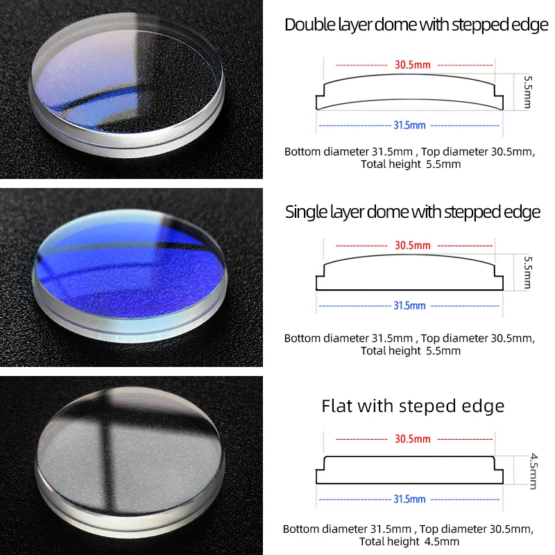 31.5mm Single/Double/Plan dome double domed with stepped edge MOD Mineral glass for Seiko brand SKX007 Watch crystal watch Parts
