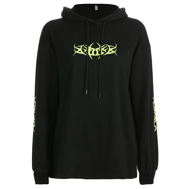 black Sweetown Neon Print Oversized Gothic Hoodies Streetwear Sudadera Mujer Winter Clothes Women Long Sleeve Long Hoody Sweatshirt - Цвет: black