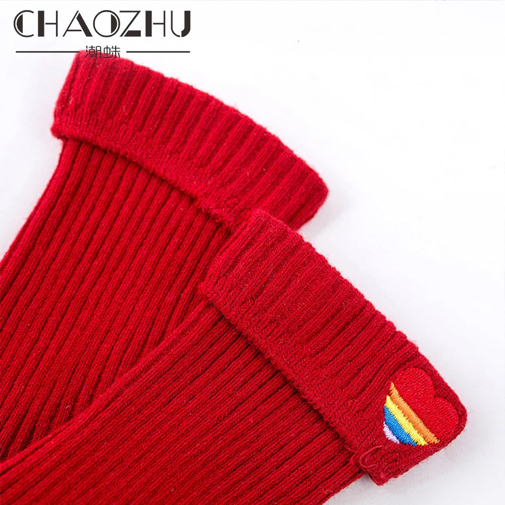 CHAOZHU/свободные носки в рубчик для девочек kawaii с вышивкой в виде радужных сердечек; милые повседневные носки для девочек-школьников