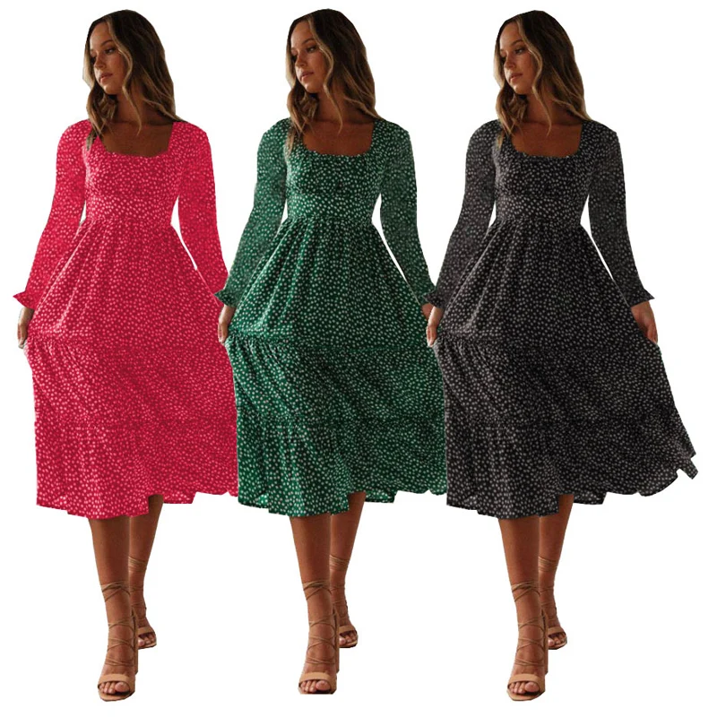 

2021 Print Puff Sleeve Beach Sweet Dresses Casual Square Collar Floral Maxi Long Dress Vestidos