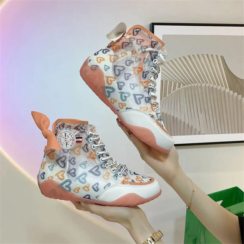 

2021 New Women's Shoes Fashion Trend Personality Mesh Printing Lace-up Heel Bow Comfortable Casual All-season Sneakers KM270