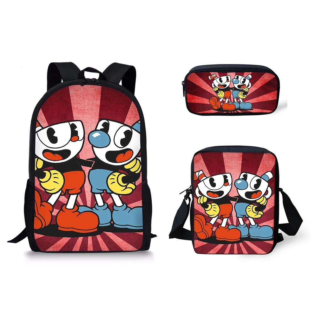 HALYUNASC 3PCs/Set Children's School Backpack Cuphead Pattern Kids School Bags Cartoon Anime Design Teenagers Book-Bags Set