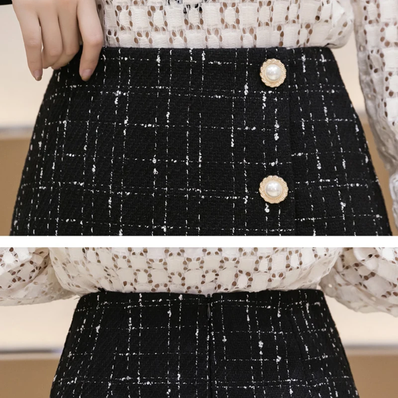 Женская твидовая юбка с жемчугом черная шерстяная мини-юбка-карандаш в клетку