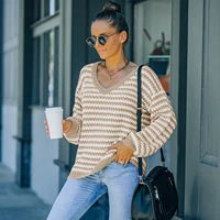 2021 autumn winter fashion v neck loose fitting slim striped pullover oversized women knitting sweater fall knit wear clothes
