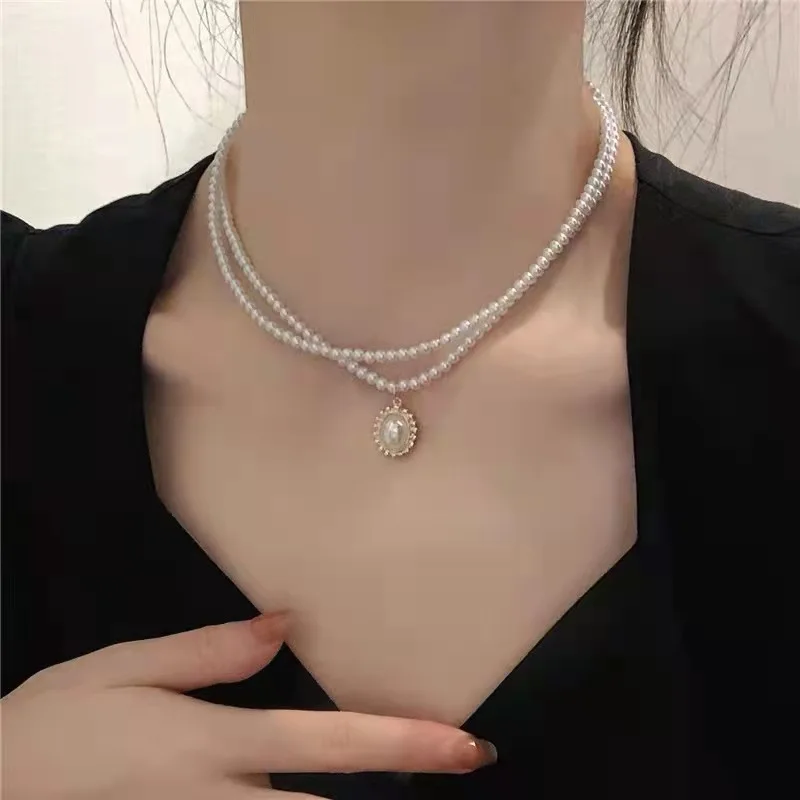 

Fee Shipping Items2022 Spring And Summer New Double-Layer Artificial Pearl Necklace Temperament Gentle Pendant Women's Necklace
