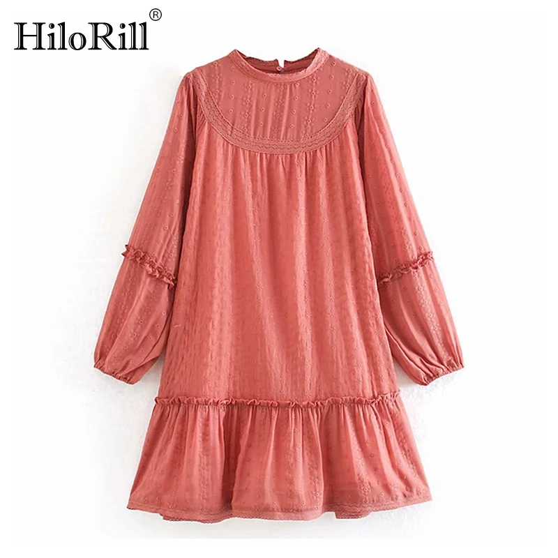 

Платье HiloRill женское кружевное шифоновое, элегантное короткое вечернее мини-платье с длинным рукавом-фонариком и оборками, розовое