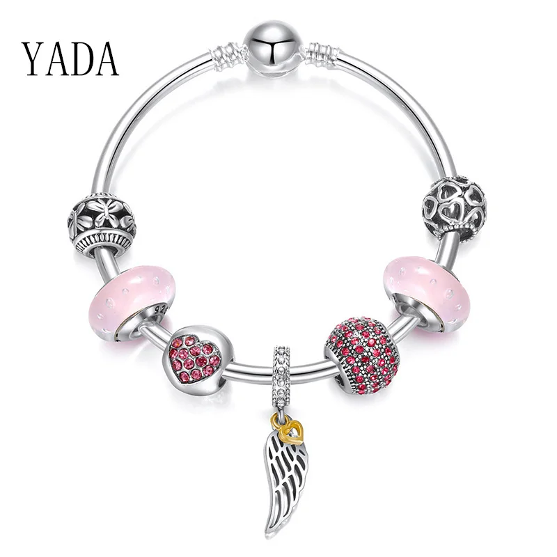 

YADA INS pink heart Bracelets&Bangles For Women Brand silver color Angel Wings Bracelets Charm Crystal Jewelry Bracelet BT200191
