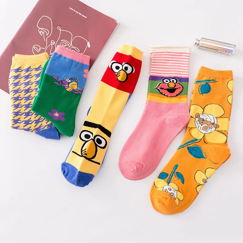 Модные женские милые носки с символикой аниме Улица Сезам летние короткие