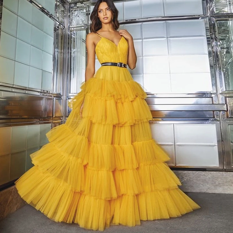 

Hippie Spaghetti Straps Tulle Formal Evening Dresses Long Ruffled Tulle A Line Prom Party Gowns Yellow robes de soirée