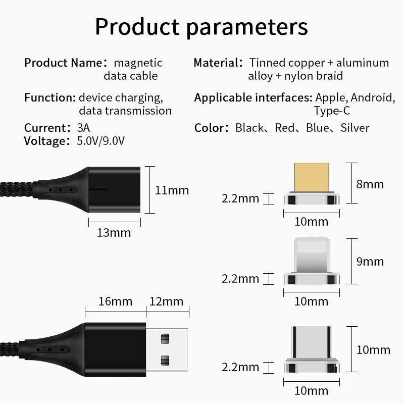 Магнитный кабель 3A Micro usb type C кабель передачи данных для быстрой зарядки для iPhone XS MAX XR 8 7 Plus SAMSUNG S10+ S9 для XIAOMI Mi9 MIX3 2S