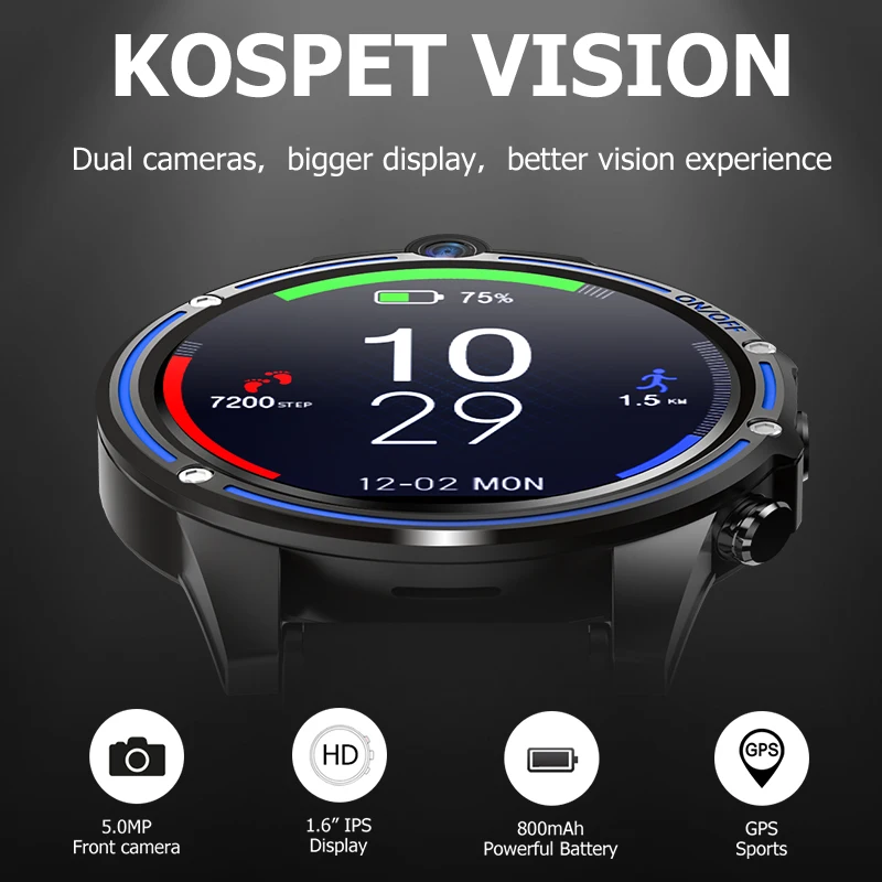 Смарт-часы KOSPET Vision, 3 ГБ, 32 ГБ, двойная камера, 800 МП, Bluetooth, мА/ч, gps, спортивные, Android, 4G, умные часы для мужчин, для IOS, Android, телефон