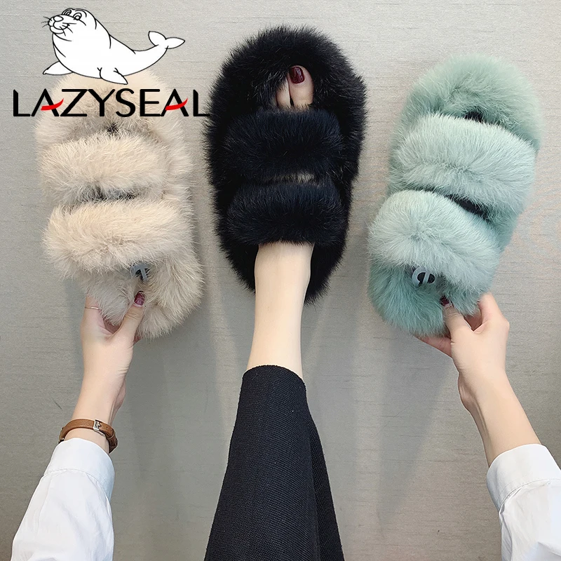 LazySeal/женские тапочки с натуральным мехом новые тапочки их меха под кролика домашние Шлепанцы женские пушистые домашние вьетнамки
