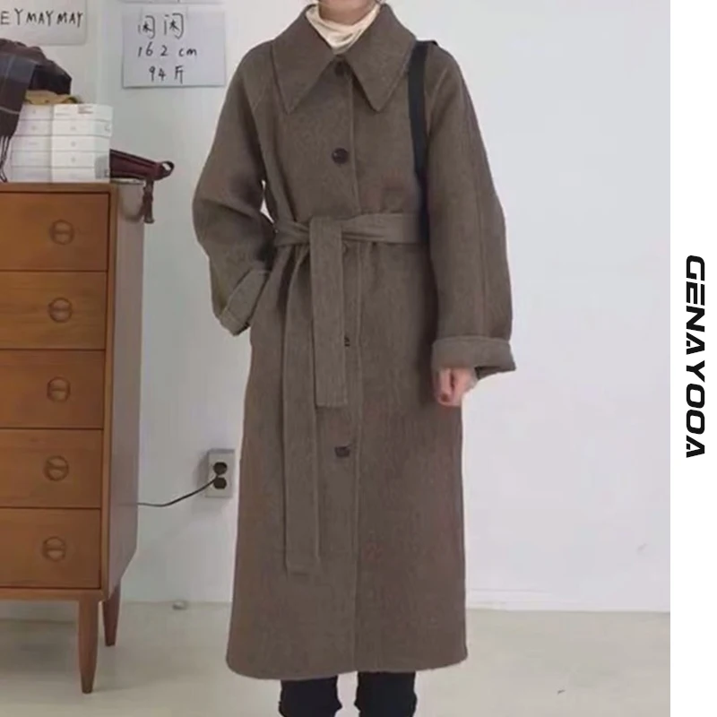 

Genayooa Autum Winter Office Ladies Long Wool Coat For Women 2020 Warm Minimalist Slim Elegant Overcoat With Belt Korean Fashion