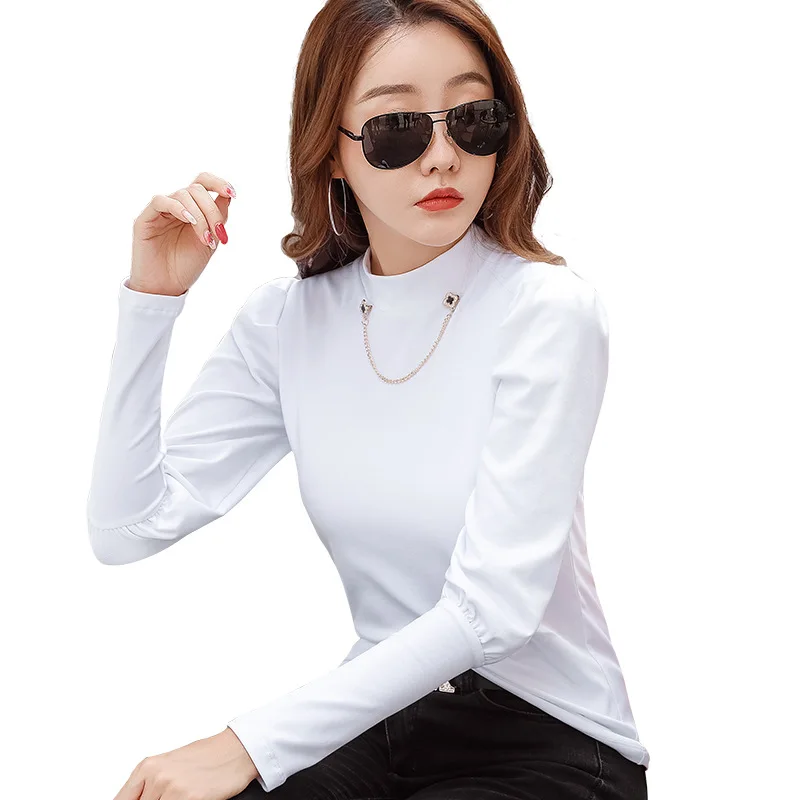 

Puff Sleeve Appliques T Shirt Women 2021 Spring Autumn Korean Womens Long Sleeve Tops Slim Woman Clothes Cotton Tee Shirt Female