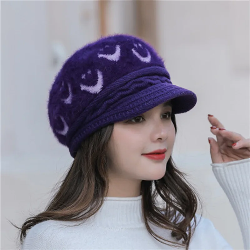 

6 Colors Ladies Women Warm Wool Cap Adult Girls Sweet Print Beret Hat Solid Color Cap Valentine Gift 2020
