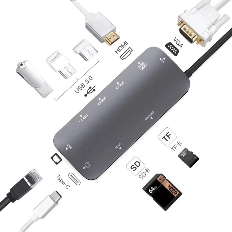 USB C концентратор 9 в 1 Тип адаптер с 4K HDMI 60 Гц VGA Гбит/с RJ45 Ethernet 3 портами (стандарт 0