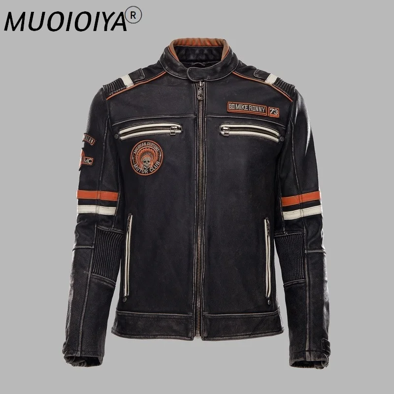 

New Vintage Black Motorcycle Genuine Leather jacket Men Multiple labeling Thick Cowhide Biker Jacket Winter Coats